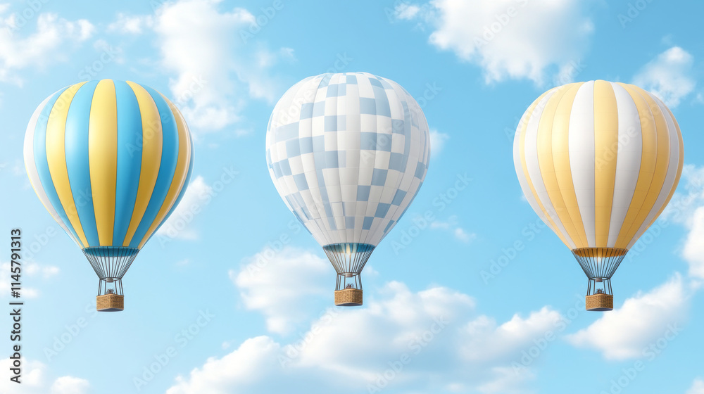 Naklejka premium Realistic set of hot air balloon mockups isolated on transparent background. Vector illustration of white and yellow blue color inflatable aircraft with basket for recreation travel, flight adventure