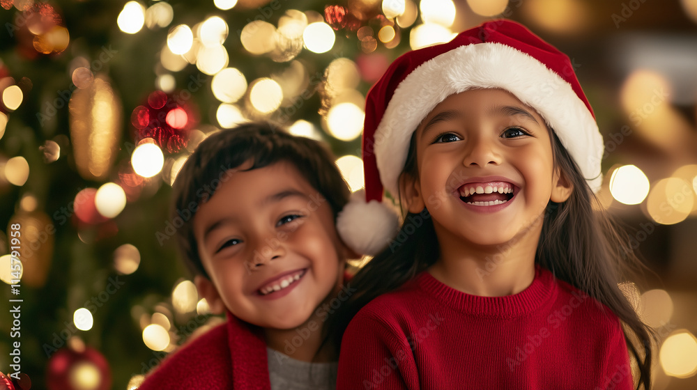 , their faces beaming with excitement in front of a decorated tree. , their faces beaming with excitement in front of a decorated tree.