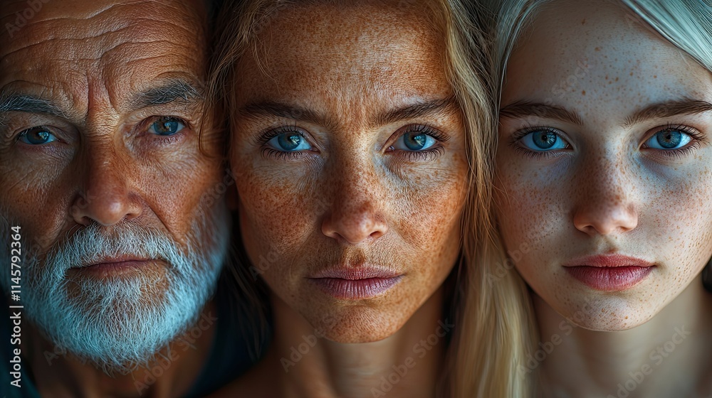 Senior and youth generations showcasing age, comparing faces before and after for aging and human development. Senior and youth generations showcasing age, comparing faces before and after for aging and human development.