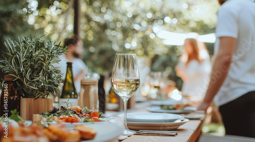 Summer Gathering: A glass of white wine sits on a table laden with appetizers,  as friends gather in a backyard setting for a casual outdoor dinner party.  The sun shines through the lush greenery. photo