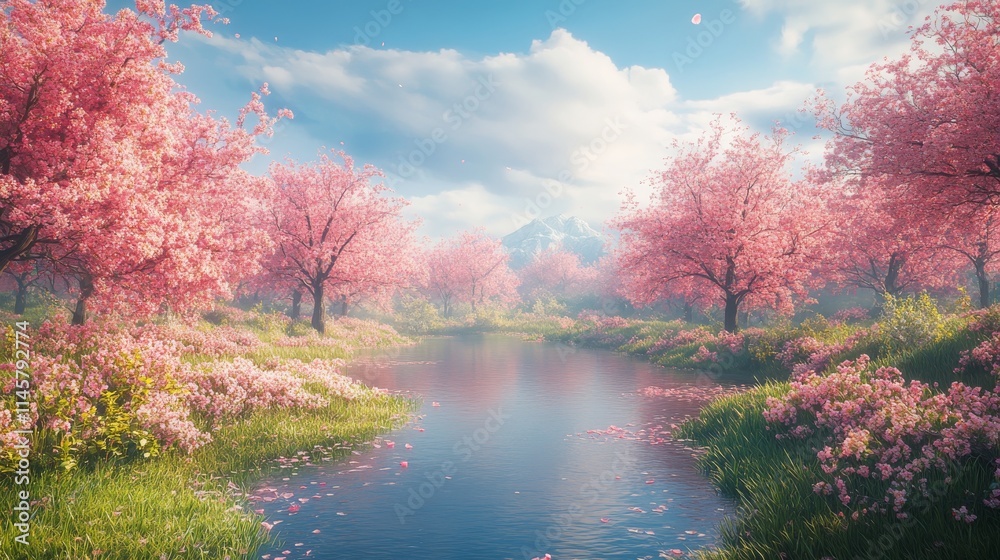 Tranquil Cherry Blossom Orchard Under a Clear Blue Sky Tranquil Cherry Blossom Orchard Under a Clear Blue Sky