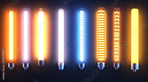 Tube lamp and led strips, long luminescence fluorescent energy saving bulb of daytime scattered light, artificial lighting for office. Halogen elements glowing lines, Realistic 3d vector illustration