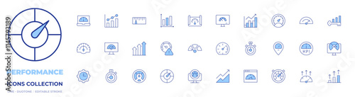Performance icons collection. Line Duotone style, editable stroke. web, performance, speedometer, profit, increase, slow, speed limit, optimization, time