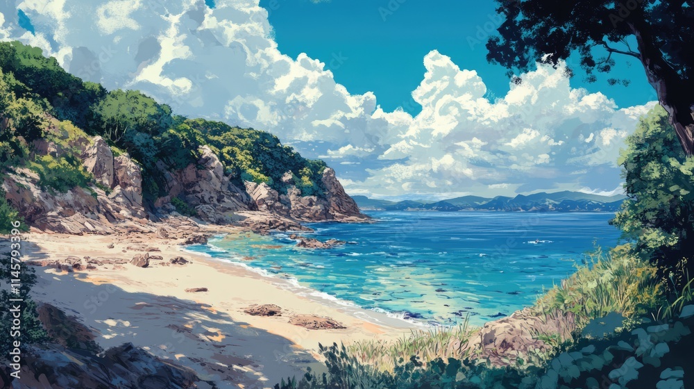 Fototapeta premium Serene Coastal Landscape with Lush Greenery and Vibrant Blue Waters Under Dramatic Clouds on a Tranquil Island Shoreline