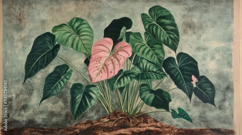 Vibrant Caladium Plant Displaying Lush Green and Pink Leaves against a Textured Background photo