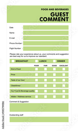 Food and beverages guest comment flyer card design illustration for restaurant or cafe