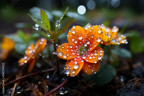 vast number of dewdrops that cover leaves and petals create a sparkling carpet of droplets, highlighting multicolor vegetation and intricate beauty of nature in morning photo