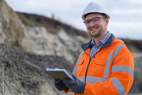 Smiling offshore geotechnical engineer, analyzing soil data from an offshore site, looking at camera, Close-up outdoors portrait