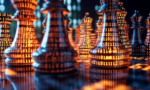 A digital chess scene with glowing pieces and binary code.