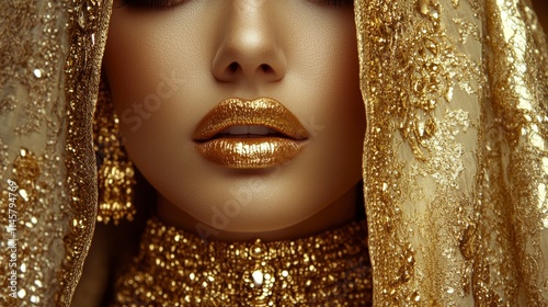 Close-up of a woman's face with gold makeup and jewelry. She wears a gold veil. The image focuses on the metallic gold lipstick and the intricate details of her accessories. photo