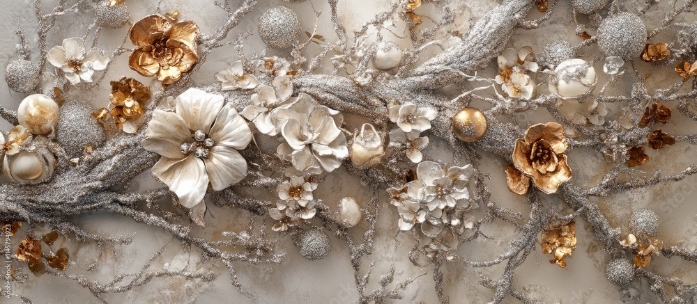 Elegant tree ornamentation in white, silver, and bronze showcasing floral designs for a sophisticated festive ambiance Elegant tree ornamentation in white, silver, and bronze showcasing floral designs for a sophisticated festive ambiance