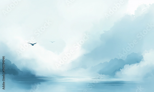 Serene landscape of soft blue mountains and misty clouds reflected on a calm water surface, with two birds soaring in the distance
