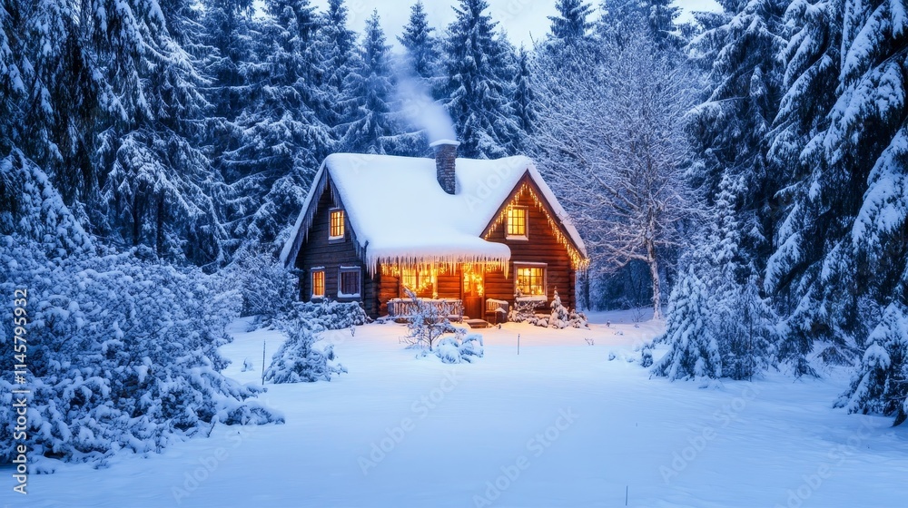 A cozy cabin in a snowy forest, illuminated warmly amidst winter scenery. A cozy cabin in a snowy forest, illuminated warmly amidst winter scenery.