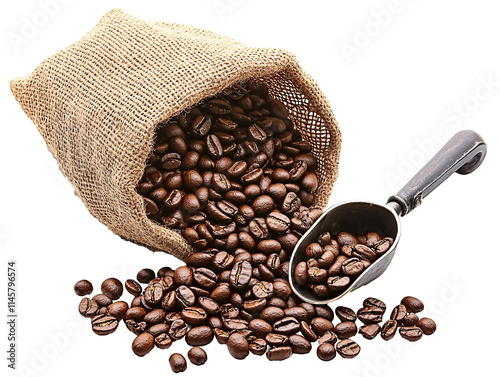 Burlap Bag with Silver Scoop and Falling Coffee Beans