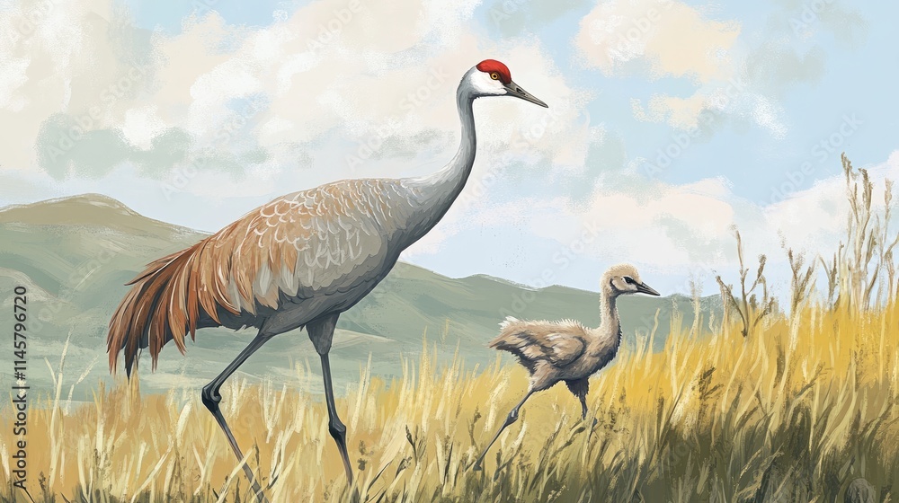 Obraz premium Baby sandhill crane and mother foraging for insects in tall grass under a scenic sky in a natural habitat setting