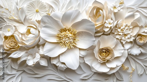 Elegant white floral decorations in intricate paper art for greeting cards and invitations. Perfect for luxury design projects.