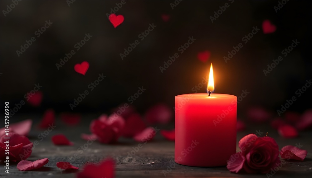 red candle, hearts and rose petals red candle, hearts and rose petals