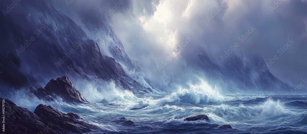 Fototapeta premium Dramatic seascape with tumultuous waves crashing against rugged rocks amidst a stormy sky and vibrant ocean colors