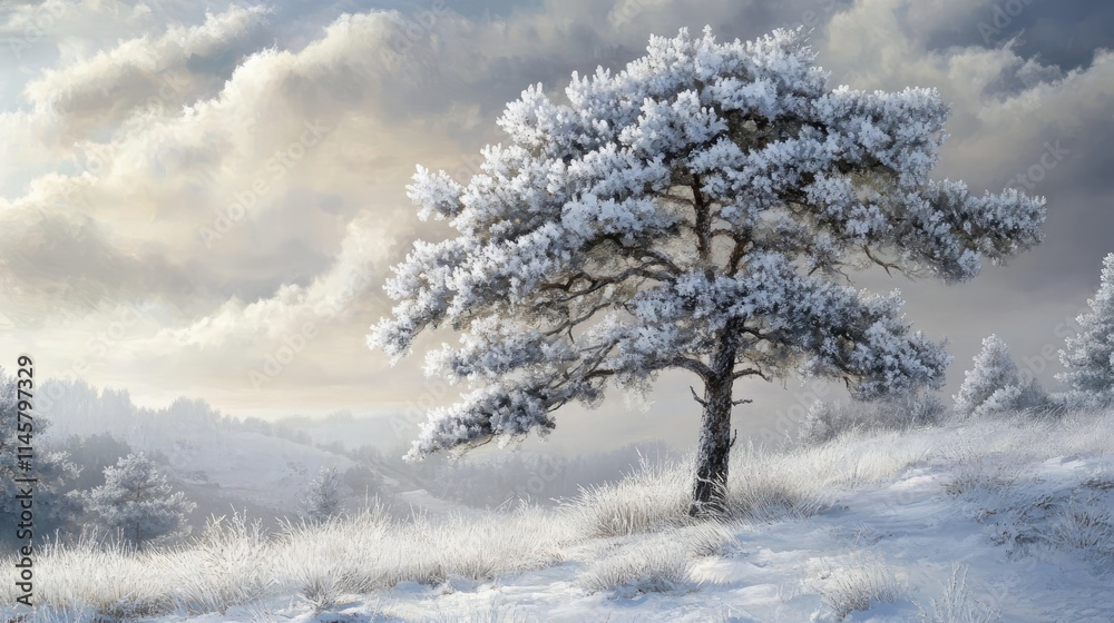 Majestic pine tree adorned with delicate hoar frost in a serene winter landscape under a cloudy sky