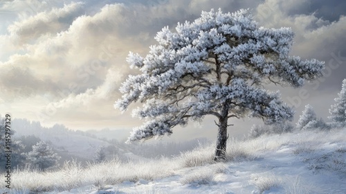 Wallpaper Mural Majestic pine tree adorned with delicate hoar frost in a serene winter landscape under a cloudy sky Torontodigital.ca