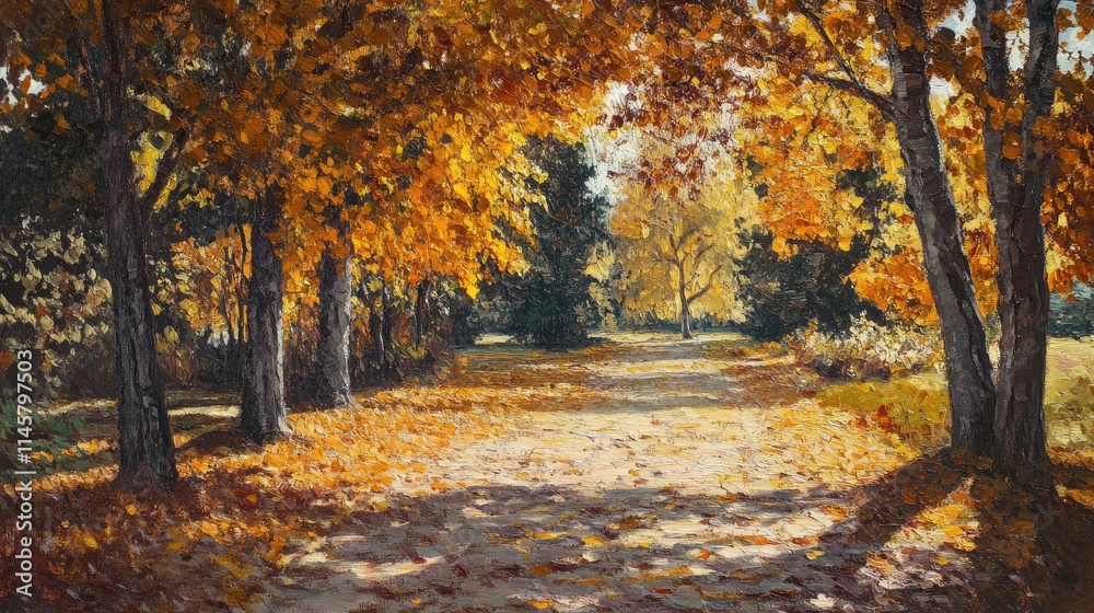 Fototapeta premium Autumn scenery with vibrant fallen leaves on a serene park pathway surrounded by lush trees in warm golden hues.