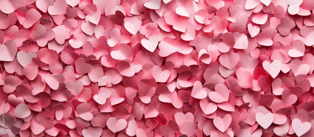 Fototapeta premium Pink paper hearts scattered on a white background with ample copy space for inscriptions overhead view flat lay romantic concept