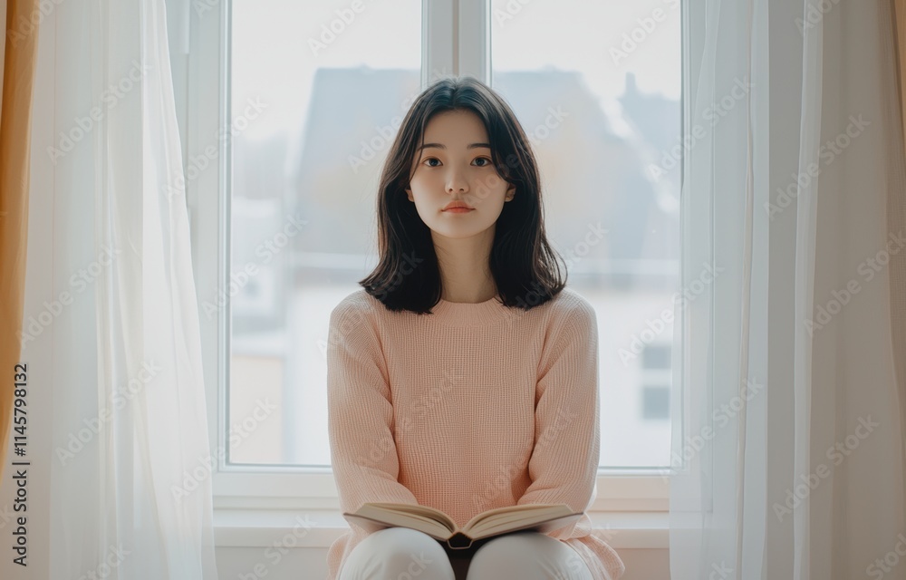 Young Woman Reading Book by Bright Window in Cozy Room Young Woman Reading Book by Bright Window in Cozy Room