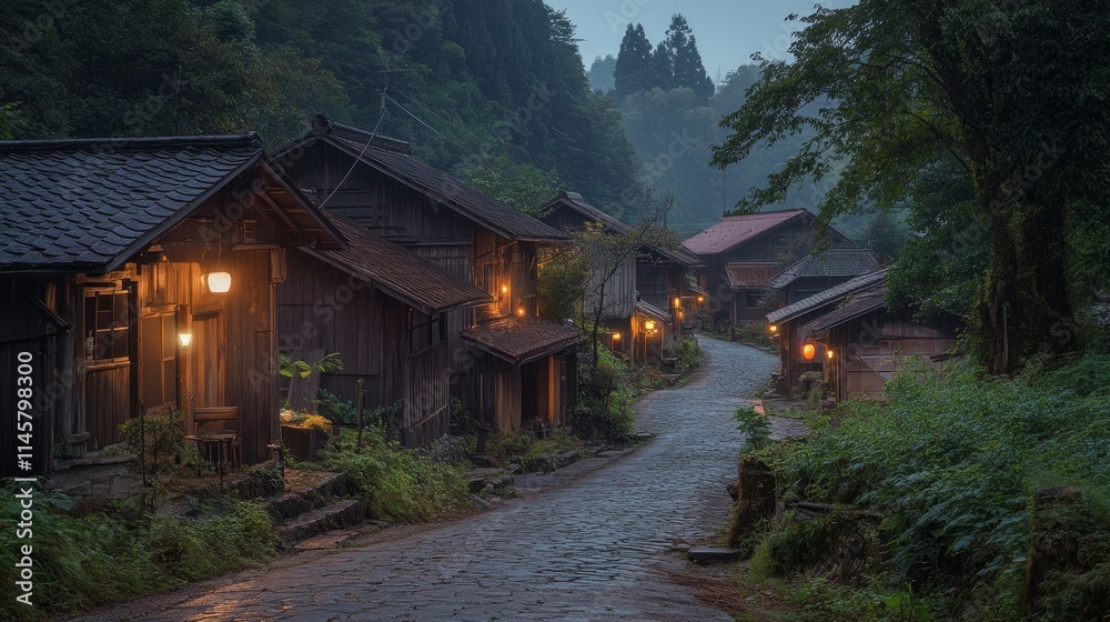 A serene village path lined with traditional wooden houses, illuminated by warm lanterns at dusk. A serene village path lined with traditional wooden houses, illuminated by warm lanterns at dusk.