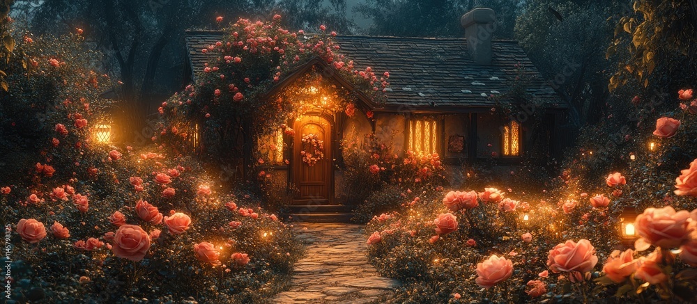 Obraz premium Charming cottage surrounded by vibrant flowers and soft glowing lights in a serene garden setting at twilight