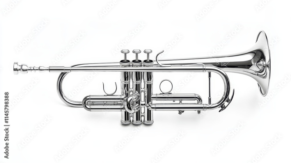  isolated shiny trumpet on white background. Wind musical instrument