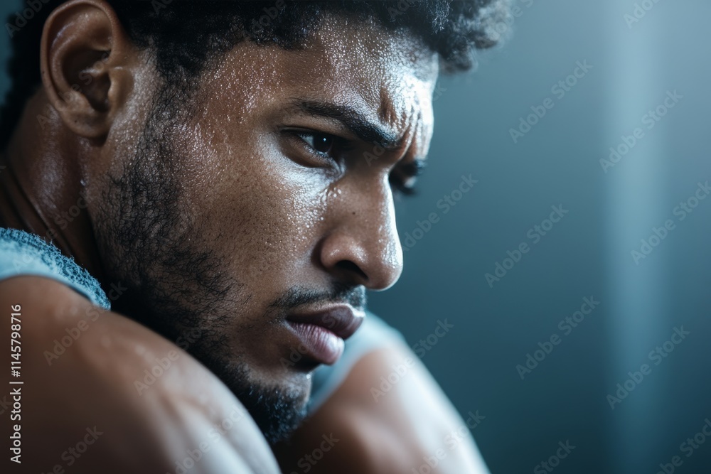 Intense concentration of a young male athlete during training in a gym setting Intense concentration of a young male athlete during training in a gym setting