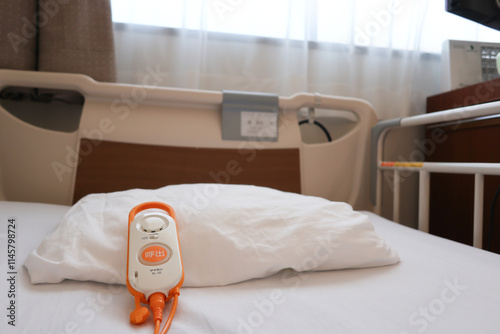 病院のベッドとナースコール　Hospital bed and nurse call photo