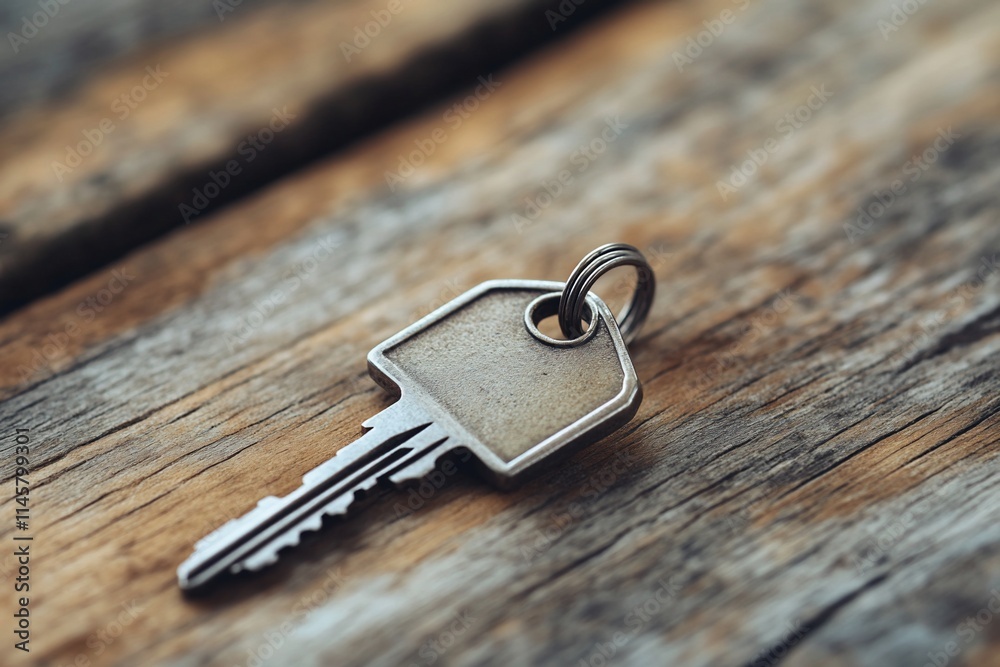 Close-up of a single, old-fashioned key resting on a rustic wooden surface. Close-up of a single, old-fashioned key resting on a rustic wooden surface.