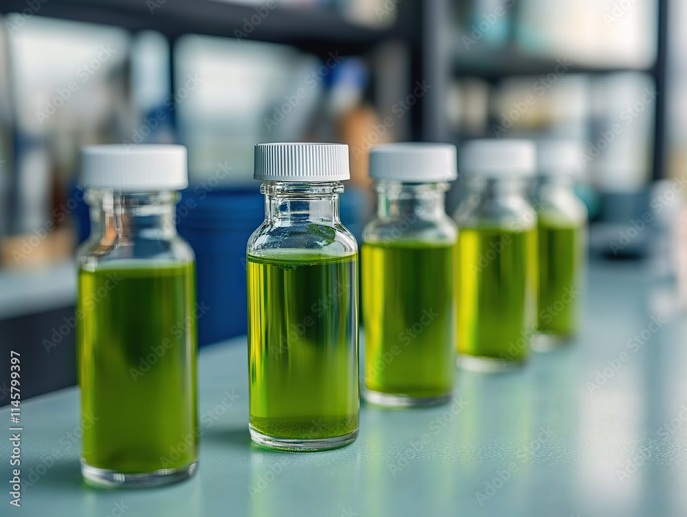 Green algae biofuel samples in glass vials on laboratory table for renewable energy research Green algae biofuel samples in glass vials on laboratory table for renewable energy research