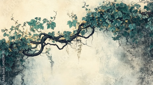 Lush green wild vines thriving beautifully against a textured wall background in serene natural decor style