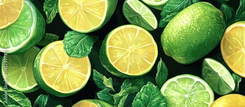 Refreshing summer citrus lemonade with vibrant limes, lemons, and fresh mint leaves on a dark background ideal for seasonal drinks promotions.