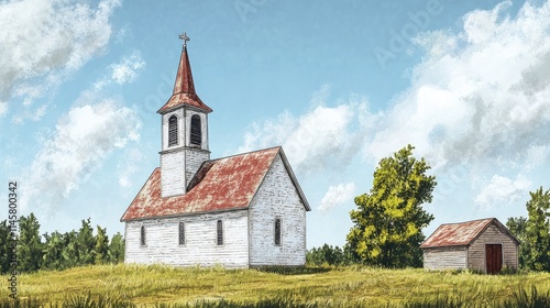 Rustic Church and Outbuilding Surrounded by Nature in a Peaceful Rural Landscape photo