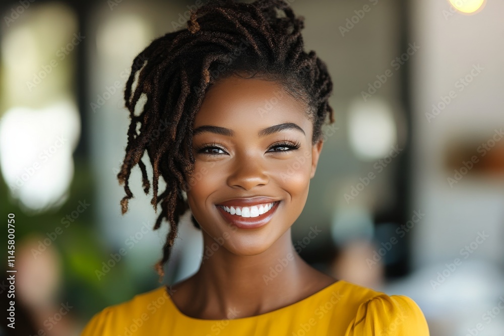 Smiling woman with dreadlocks in yellow top posing indoors during daytime in a bright, cozy setting Smiling woman with dreadlocks in yellow top posing indoors during daytime in a bright, cozy setting