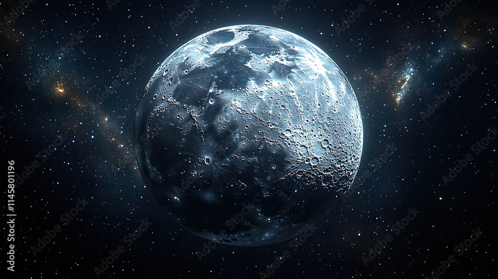 Naklejka premium The moon orbits in space against a dark universe background, representing adventure, exploration, and the wonders of astronomy and the cosmos.