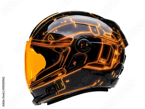 Isolated Black Futuristic Helmet with Orange Pattern photo