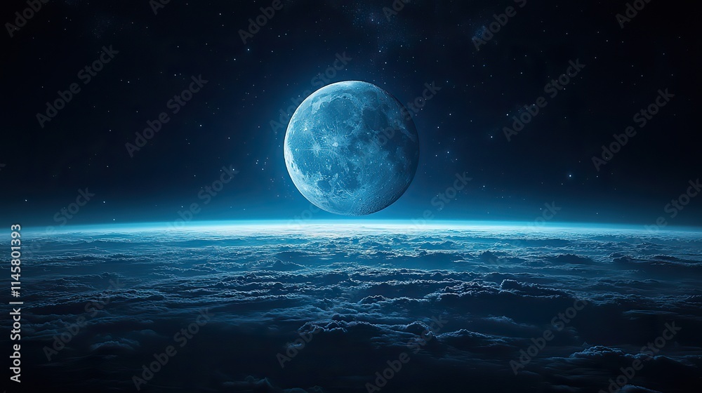 Fototapeta premium The moon rises in a blue stratosphere, a celestial wallpaper with clouds and horizon, showcasing the beauty of Earth's atmosphere and the lunar satellite.