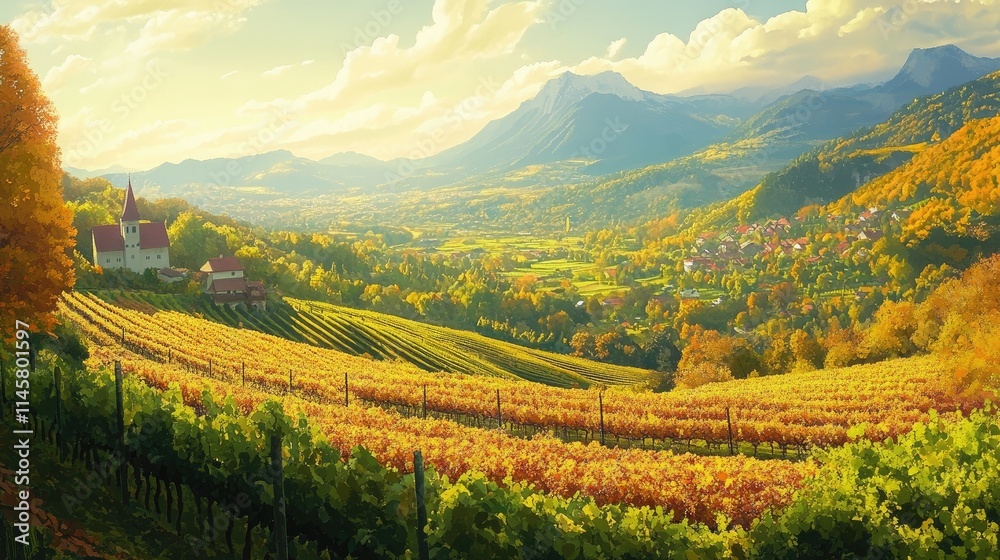 Naklejka premium Majestic vineyard landscape in a serene valley showcasing vibrant autumn colors and rolling hills under a clear sky