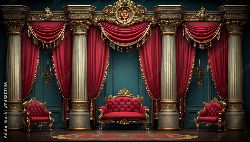 Regal Room Red Curtains Gold Columns Elegant Furniture Regal Room Red Curtains Gold Columns Elegant Furniture