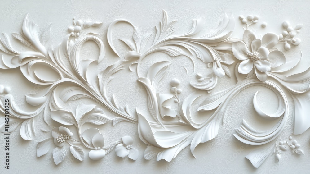 Elegant white floral relief pattern on a smooth white background showcasing intricate design and texture for modern decor inspiration. Elegant white floral relief pattern on a smooth white background showcasing intricate design and texture for modern decor inspiration.