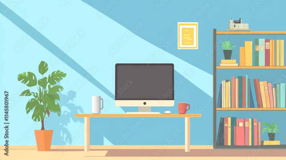 Workspace with blank computer, mug, plant, and bookshelf, set against a light blue wall offers ample copy space. Workspace with blank computer, mug, plant, and bookshelf, set against a light blue wall offers ample copy space.