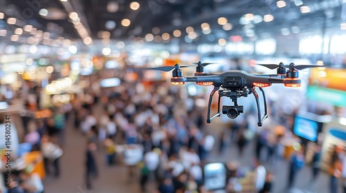 Drone with a camera flying indoors over a busy event or exhibition, capturing the scene with advanced technology, symbolizing innovation, surveillance, and modern media tools.