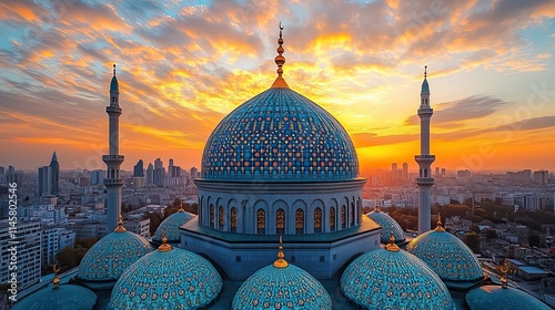 The roof of a mosque against a sunset sky symbolizes faith, tradition, and the spiritual significance of Islamic architecture.