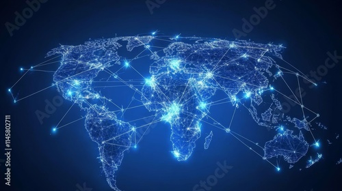 Worldwide connectivity and business networking visualized as a blue futuristic map with Earth's silhouette, connecting points and lines.