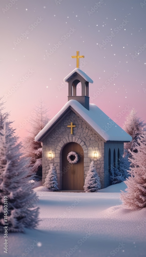 Christmas landscape with small simple chapel Christmas landscape with small simple chapel