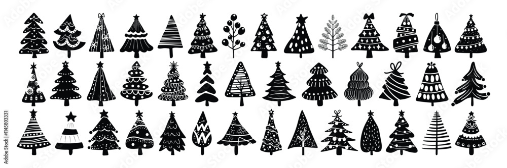 Set of isolated Christmas trees in cute doodle hand-drawn style on a transparent background. Volume 3: Black silhouette style. Set of isolated Christmas trees in cute doodle hand-drawn style on a transparent background. Volume 3: Black silhouette style.